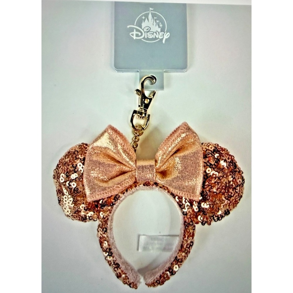 2026 Disney Parks Rose Gold Sequin Minnie Ears Headband Bag Charm Keychain